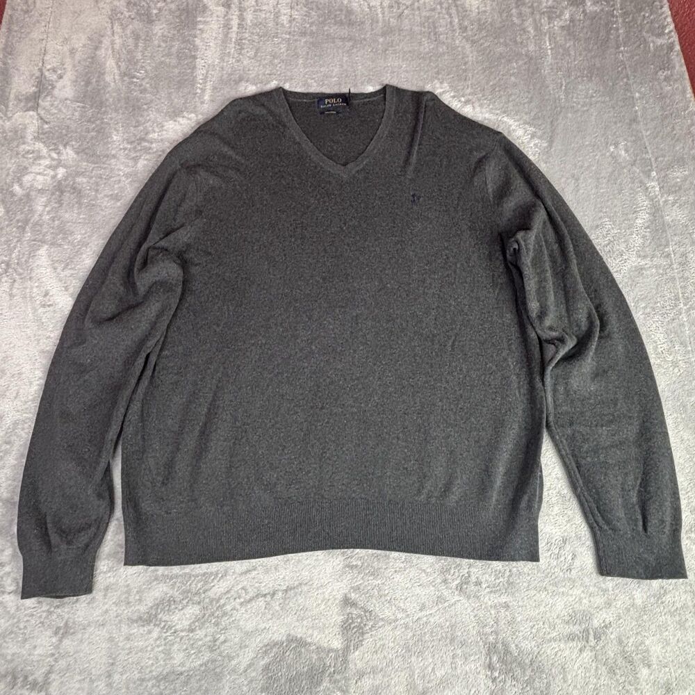 Polo Ralph Lauren Sweater Mens 2XL Gray V Neck Pima Cotton‎ Pullover Pony